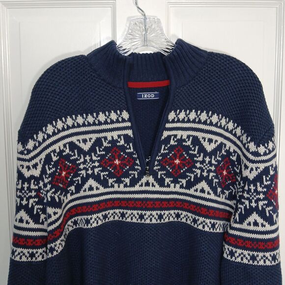 IZOD Sweater Men L 1/4 Zip Fair Isle Nordic Pullover Ski Navy Blue Preppy Chunky - Picture 9 of 16